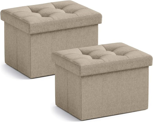 Ornavo Home Small Storage Ottoman, Set of 2, Foldable Collapsible Rectangle Linen Ottoman Foot Rest Stool Seat, for Living Room, Bedroom, Home Office, Dorm - 12 x 16 x 12, Taupe