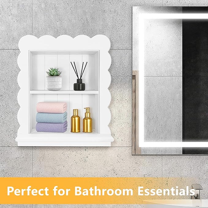 Royxen 14"x18" Recessed Medicine Cabinet, 2-Tier Wooden Bathroom Wall Cabinets Without Mirror,Scalloped Large Medicine Cabinet Niche for Bathroom Storage Organizer,White