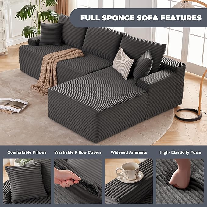 Mangodan Cloud Sectional Sofa, Boneless Couch for Living Room, Modular Sectional Sofa with Deep Seat, Fluffy L-Shaped Comfy Couch with Right-Facing Chaise, No Assembly Required, Grey