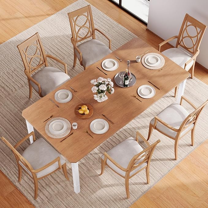Garvee Large Dining Table for 6-8 People, 79" Wooden Kitchen Table with Sturdy Metal Frame, Dining Room Table for Dining Room, Kitchen, White Leg & Natural