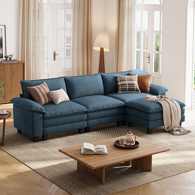 LINSY HOME 123" Modular L-Shaped Sectional Sofa, 3-Seat Corduroy Modern Cloud Couch with Deep Seat & 1 Movable Ottoman, Perfect for Living Room, Office, Bedroom, Blue