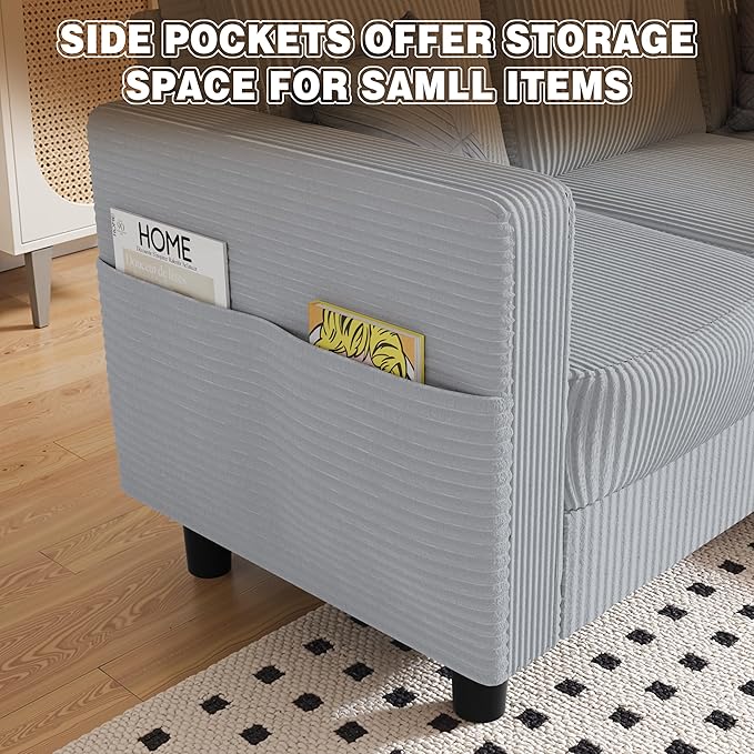 JAMFLY Convertible L-Shaped Sectional Sofa with Reversible Storage Ottoman, 3-Seat Couch with Side Pockets, Modern Compact Furniture for Small Apartments, Studios & Lofts, Light Grey