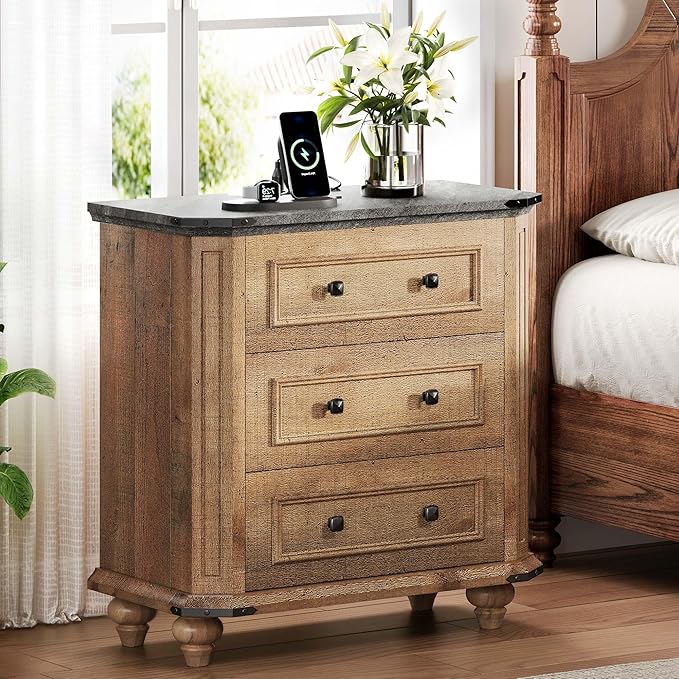 DWVO 29" Wide Nightstand with Charging Station, Farmhouse Bedside Table with 3 Drawers, Wood Night Stand w/Storage, Rustic Bed Side End Table for Bedroom Dorm Small Space, Brown