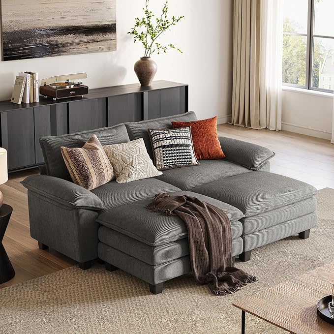 LINSY HOME 90" Modular Cloud Love Seat Sofa, Corduroy Soft Sectional Couch, Modern Comfy Love Seat with 2 Movable Ottoman, Perfect for Living Room, Apartment, Office, Grey