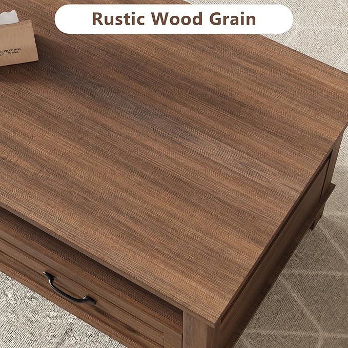IDEALHOUSE Brown Coffee Table with Drawers, 47.2” Rustic Center Table with Open Shelf and 6 Support Legs, Large Living Room Table with Storage