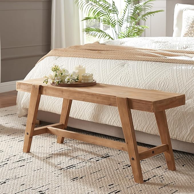 HOKYHOKY Farmhouse Solid Wood Entryway Bench – 43.4 Inches Rustic Long Bench, Dining Bench with Angled Legs, Hand-Finished Natural Grain, for Foyer, Hallway, Bedroom
