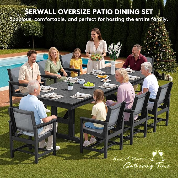SERWALL 9 Piece Outdoor Dining Set, 84" HDPE Outdoor Large Table and Textilene Sling Chairs for 8，All Weather Patio Dining Furniture Set with Umbrella Hole for Backyard, Garden, Black
