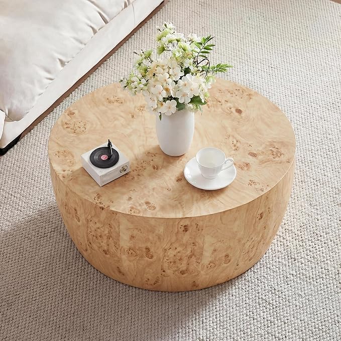 YYQ Upgraded 34.6" Round Coffee Table for Living Room, Burl Faux Marble Pattern Coffee Table, Reversible Drum Coffee Table, Tea Table Wooden Table for Home Office, No Assembly Required