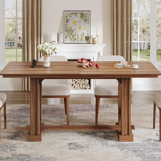 DWVO Farmhouse Dining Table for 6-8 People, 70" Long Kitchen Tables with Wooden Sturdy Legs, Large Rectangular Dinner Table for Kitchen, Dining Room, Living Room, Dark Walnut