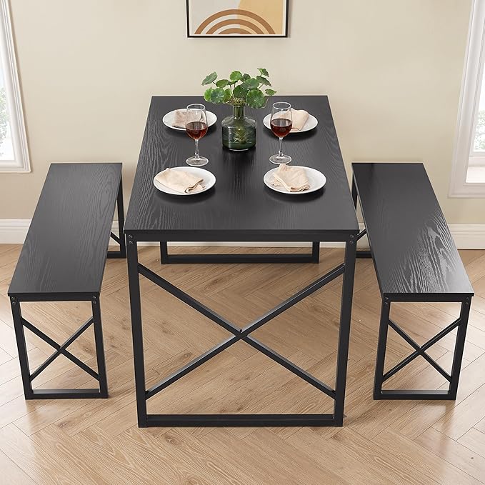 VECELO 43.3" Kitchen Dining Table Set for 4, Heavy-Duty Steel Frame & Wood-Grain Tabletop, Space-Saving Dinette Sets with 2 Benches for Breakfast Nook and Small Space, Black