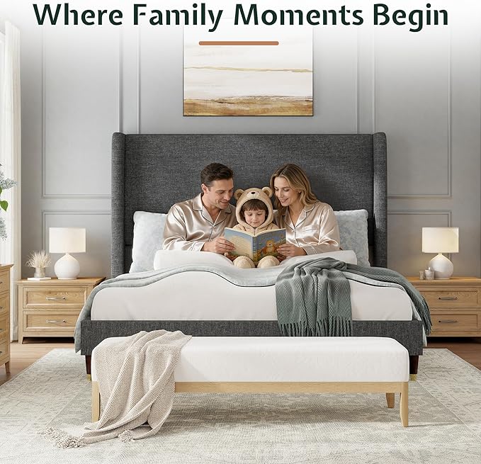 Jocisland King Size Bed Frame 51.2" Wingback Headboard Linen Upholstered Platform Bed,Solid Wood Legs & Wooden Slats,No Box Spring Needed,Noise-Free,for Family Master Suite Cozy Home,Dark Grey