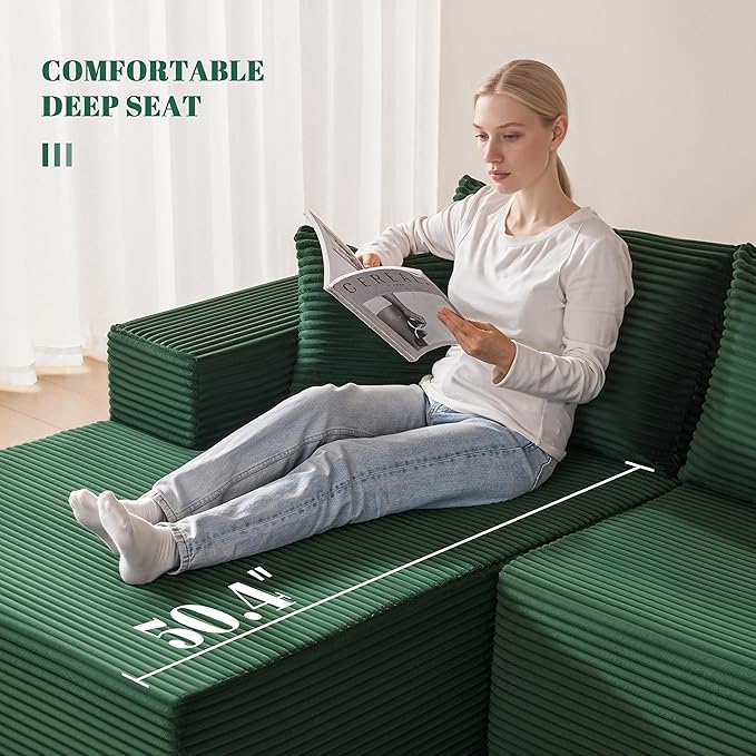 Mangodan 110” Cloud Sectional Couch, Modular Sectional Sofa with Deep Seat, Boneless Sofa for Living Room, Fluffy Comfy U-Shaped Couch with Left Facing Chaise, No Assembly Required, Green