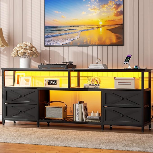 JUSTOGO TV Stand with Fabric Drawers for 65 70 75 Inches TV - Entertainment Center with Open Storage Shelf, Power Outlets & LED Lights for Living Room, Bedroom, 63" TV Console Media Console, Black