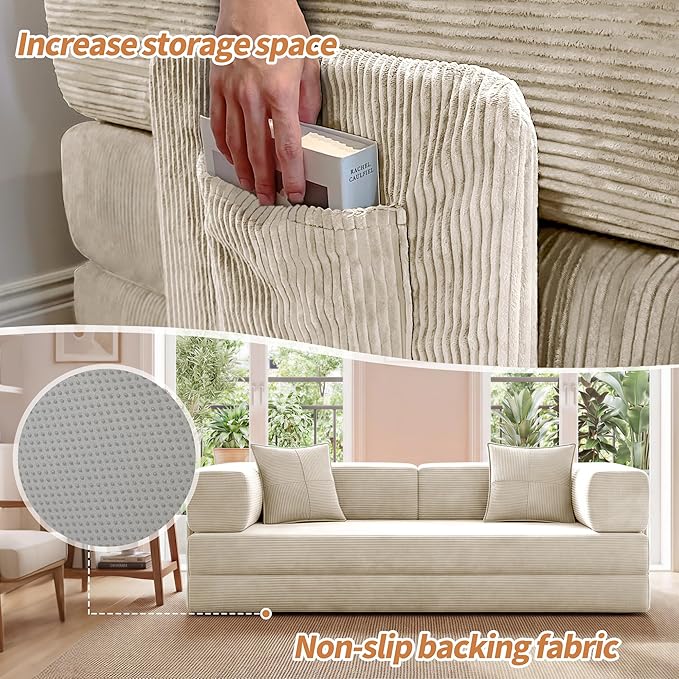 78.8" Convertible Sofa Bed with Armrest Pillow, 4-in-1 Sleeper Couch Bed for Livingroom, Modular Corduroy Boneless couches, No Assembly (Beige)