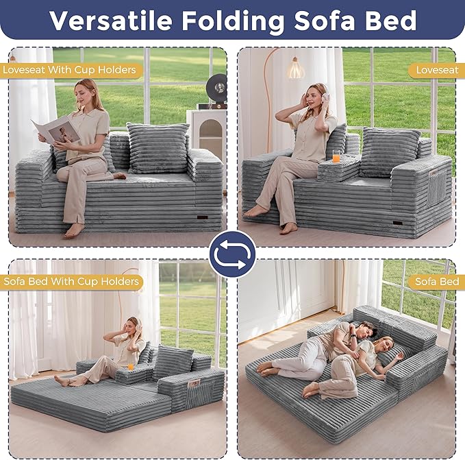 MAXYOYO Loveseat Sofa Bed, Striped Faux Fur Foldable Floor Sofa Couch in A Box, 4 in 1 Convertible Boneless Couch with 2 Cup Holders, Folding Recliner Sleeper Chair, No Assembly Required, Grey