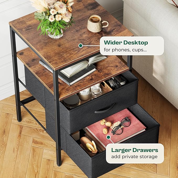 Huuger Night Stand with Charger Station, 27.7 Inch Tall Nightstand, Bed Side Table with 2 Fabric Drawers, Fabric Drawer Dresser for Bedroom, Living Room, Rustic Brown and Black
