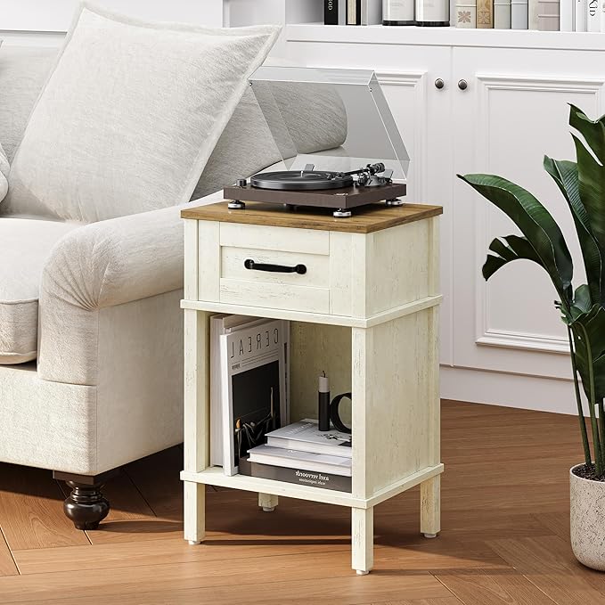 White Farmhouse Nightstand with Drawer, Small Wooden Bedside Table, White End Table, Bedroom Side Table with Storage, Rustic Wood Night Stand LET512WR