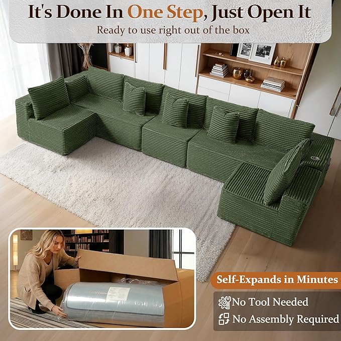 168" Cloud Sectional Couch, Comfort U Shaped Sofa for Living Room, Extra Deep Seats No Assembly, Minimalist Modular Couch, Corduroy (Olive Green, 7 Seats,U-Shape B)