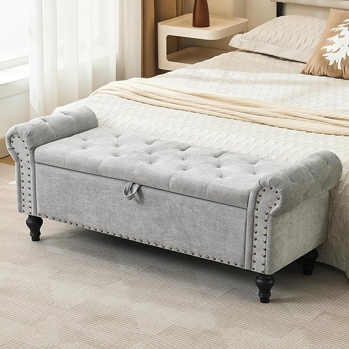 51" Storage Ottoman Bench, End of Bed Bench for Bedroom, Window Benches for Foot of Bed, Chenille Upholstered Benches, Storage Ottomans for Living Room, Entryway, Light Gray