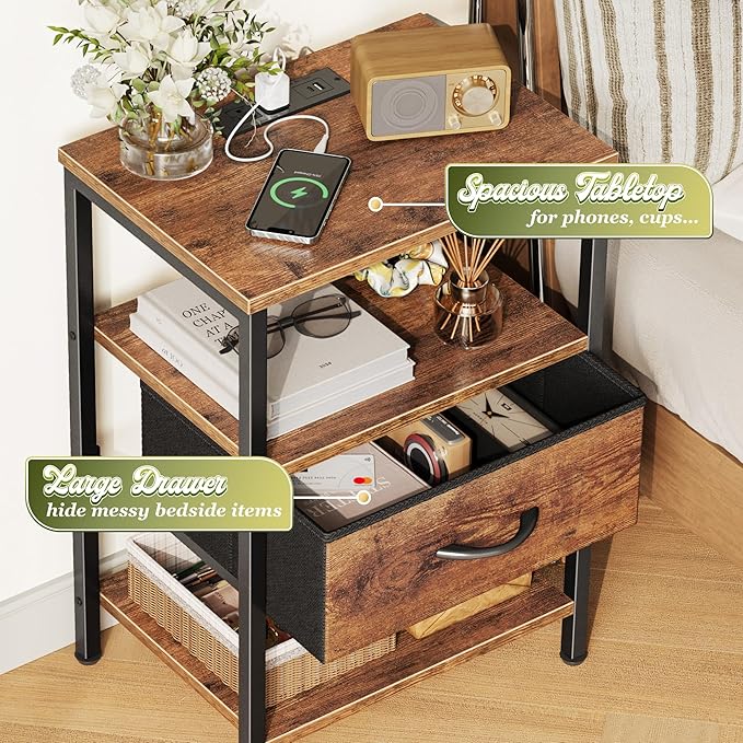 SUPERJARE Nightstand Set of 2, Bed Side Tables with Charging Station, Adjustable Fabric Drawer, Night Stand for Bedroom, 3-Tier Storage End Tables, for Living Room, Rustic Brown