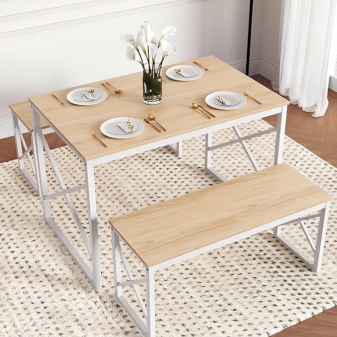 VECELO 43.3" Kitchen Dining Table Set for 4, Heavy-Duty Steel Frame & Wood-Grain Tabletop, Space-Saving Dinette Sets with 2 Benches for Breakfast Nook and Small Space, Natural