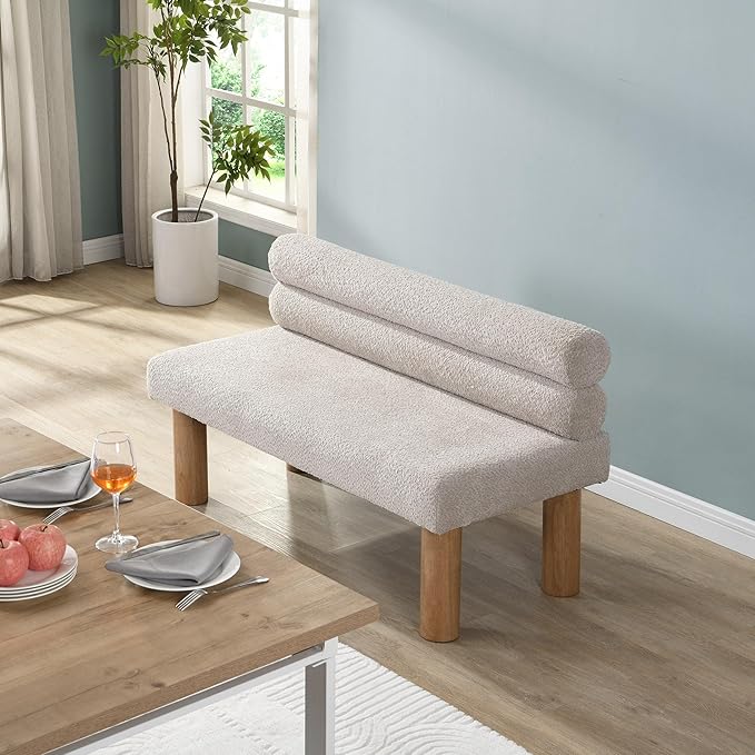 GDFStudio Upholstered Boucle Dining Bench with Backrest Farmhouse Entryway Bench with Rubber Wood Legs Long Indoor Bench for Bedroom Living Room End of Bed Dining Room Seating, Light Grey