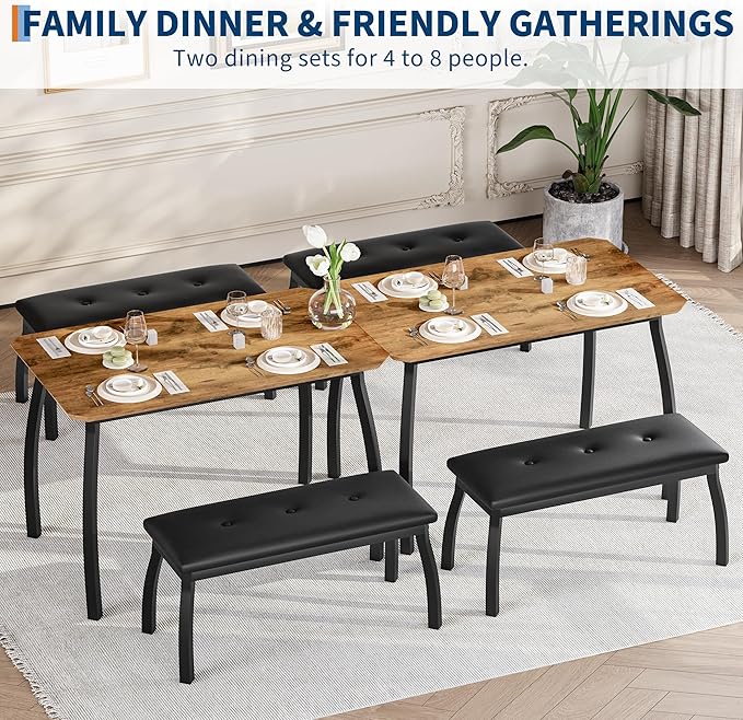 Dining Table for 4, 3-Piece Kitchen Table Set for 4 with Wooden Tabletop and Metal Frame, Industrial Kitchen Table with 2 PU Leather Benches for Bar, Dining Room, Restaurant(43''x28''x30''), Retro