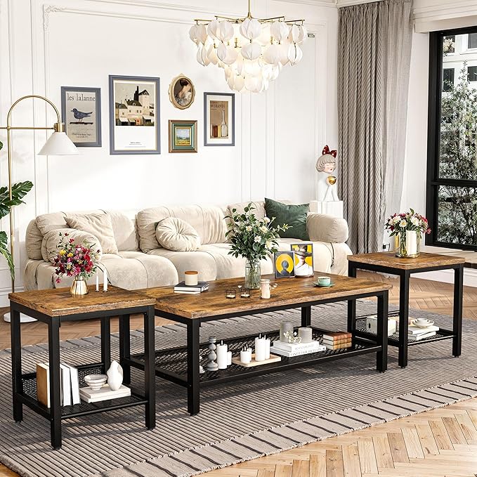 AWQM Coffee Table Industrial Coffee Table with 2 Square End Side Tables, Modern Living Room Table Set with Metal Frame for Apartment Home Office, Rustic Brown Set001