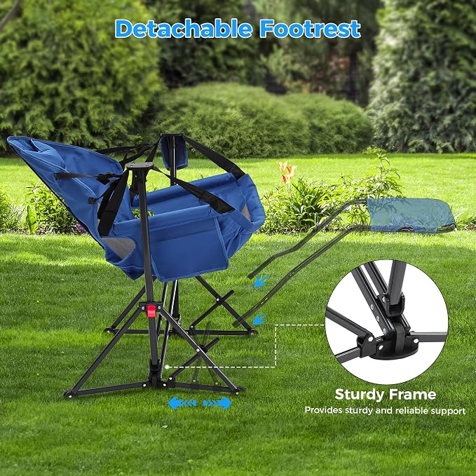 Ainfox Hammock Camping Chair with Footrest, Foldable Portable Rocking Chairs for Adults Outside Swinging Camp with Cup Holder Pillow for Outdoor Patio Poolside (Blue)