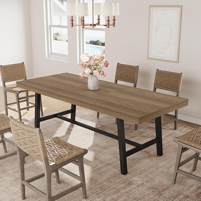 GarveeHome 63-83" Extendable Dining Table, Industrial Rectangular Dining Room Table for 6-8 People, Expandable Kitchen Table with Heavy Duty Metal Frame for Dining Room, Kitchen & Parties, Rustic Pear