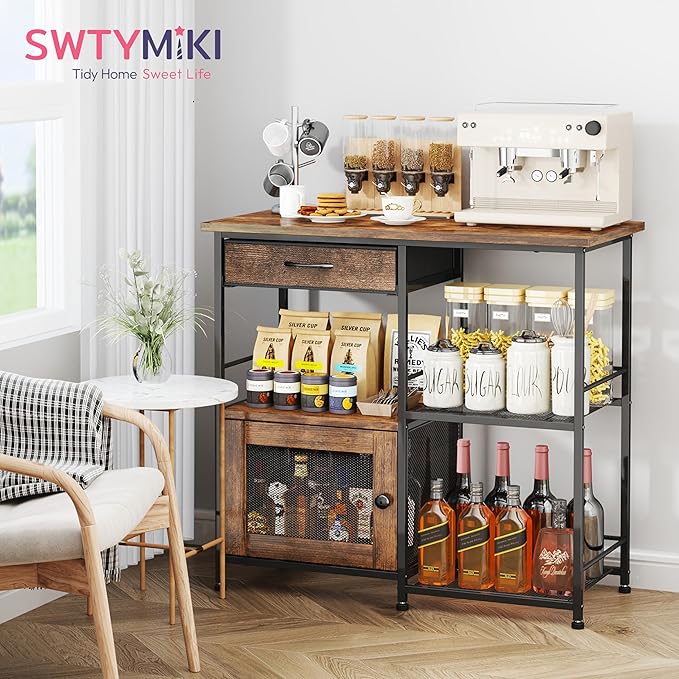 SWTYMIKI 33.31''x14.25'' Coffee Bar Cabinet - Large Farmhouse Coffee Stand Station Multi-Purpose Buffet Sideboard Cabinet with Drawers - Kitchen Bar Table for Living Room, Small Space, Espresso