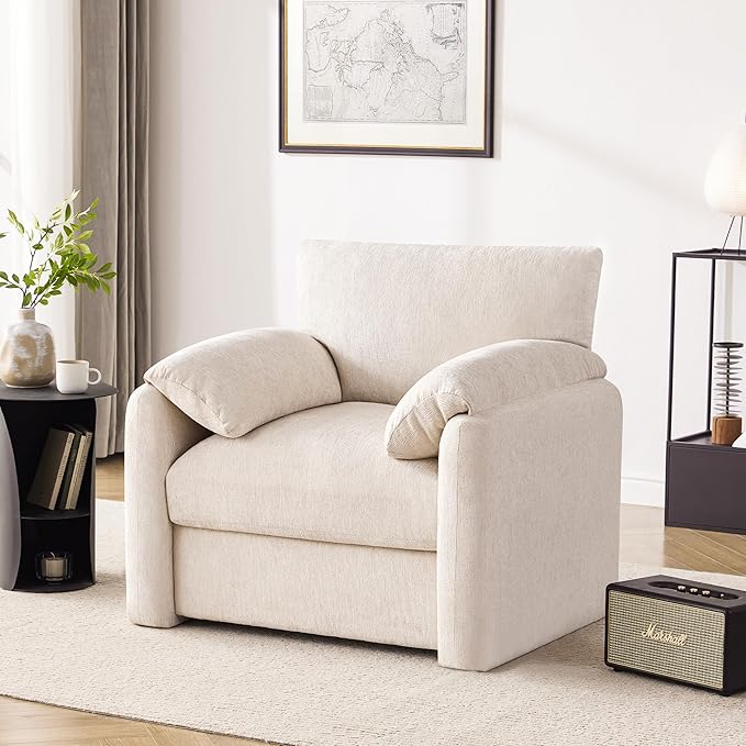 Howjoe Chenille Oversized Armchair, 38.6" Wide Accent Chairs for Living Room & Bedroom Modern Lounge Chair, Upholstered Mid-Century Reading Chair, Comfy Living Room Chair, Single Sofa Chair, Beige