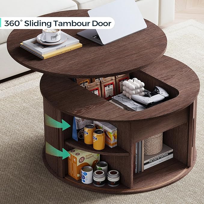 LINSY Lift Top Coffee Table, Round Fluted Coffee Table with Storage, Mid Century Modern Wooden Coffee Tables with Sliding Tambour Door, 31.5" Center Table for Living Room, Office, Small Space, Walnut