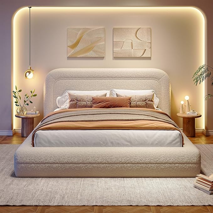 Homkdom Cloud Bed Frame with Headboard, Upholstered Soft Queen Bed Frame with Round Edges, Boucle Platform Bed for Modern Bedrooms & Apartment & Guest Rooms, No Box Spring Needed,Beige
