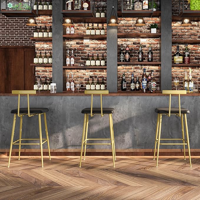Bar Stools Set of 2, Tall Bar Stools with Backrest and Footrest, Counter Height Bar Chairs, Industrial Barstools with PU Leather Cushion, for Kitchen, Dining Room, Bar, Cafe (Gold) KBS515GC