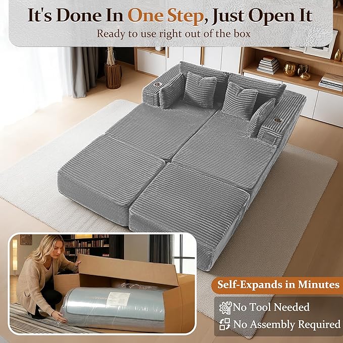 72" Cloud Sectional Couch, Comfort Sleep Sofa for Living Room, Extra Deep Seats No Assembly, Minimalist Modular Couch, Corduroy (Light Grey, Extend Loveseat Chaise)