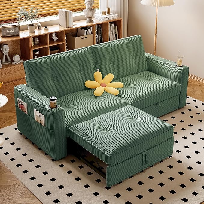 healthomse 73.2" Convertible Sofa Bed, 2-in-1 Multi-Functional Loveseat Sleeper, Modern Corduroy Couch with Side Pocket, for Living Rooms, Bedrooms, Apartments, Small Spaces (Green, 73.2inch)