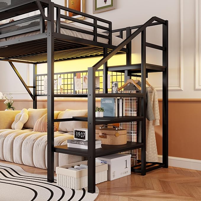 KEIKI Full Size Metal Loft Bed Frame with Grid & Staircase & Built-in Storage Shelves & Wardrobe, Modern Loft Bed with Solid Slat & Guardrail, No Box Spring Required, Easy Assembly, for Bedroom, Black