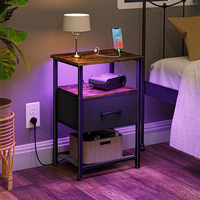 LAKEMID Nightstands Set of 2,Night Stand with Charging Station and Drawer,Bedside Table with 20 Colors LED Light Strip,End Table for Bedroom Living Room (Rustic Brown)