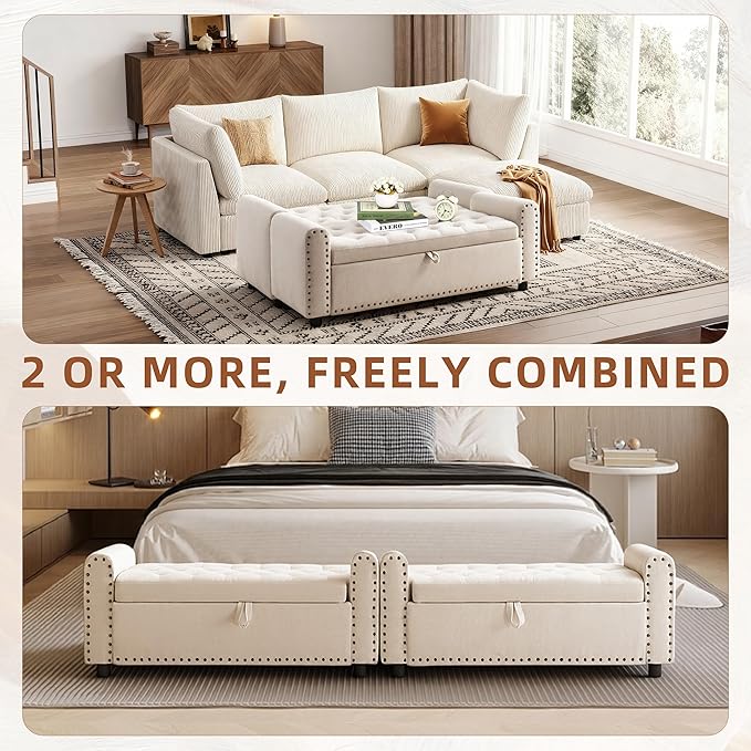 48" Ottoman with Storage, Tufted Storage Ottoman Bench, Convenient Living Room Fabrics Bench Seat, Entryway Shoe Benches with Inner Zipper & Arm, Upholstered Window Seat Ottomans with Rivets, Beige
