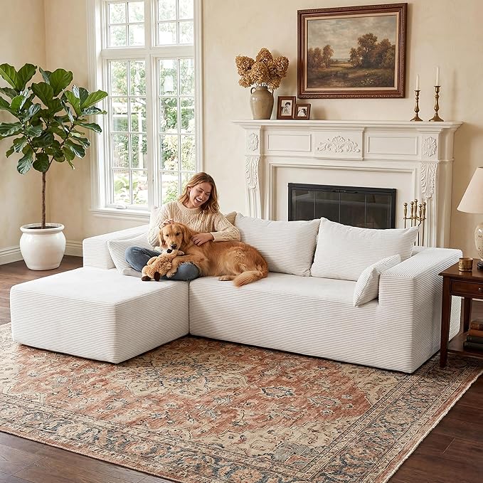 106" Cloud Sectional Boneless Couches for Living Room, Modular L Shaped Couch with Deep Seat Oversized Left Facing Chaise, Memory Foam Compressed Spineless 3 Seater Sofa for Bedroom Apartment, Beige