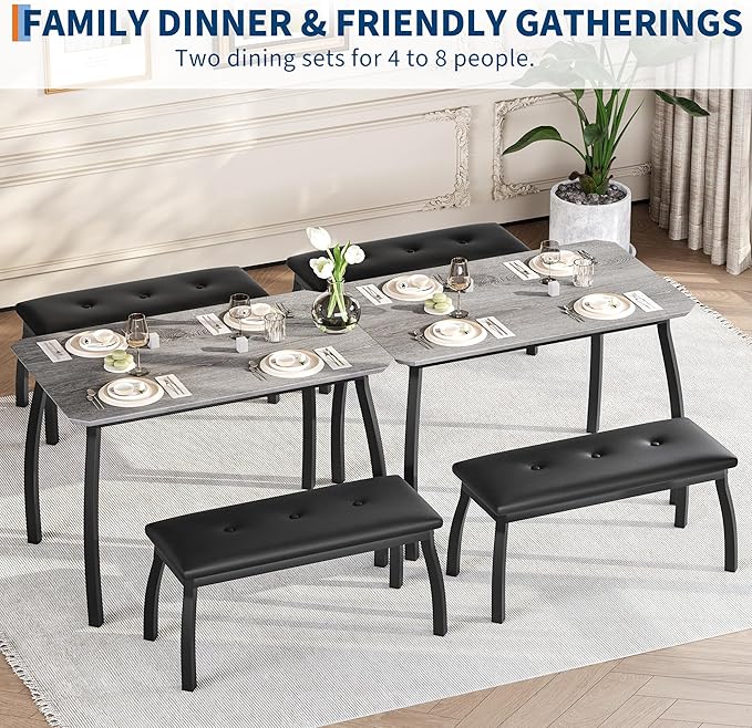 Dining Table for 4, 3-Piece Kitchen Table Set for 4 with Wooden Tabletop and Metal Frame, Industrial Kitchen Table with 2 PU Leather Benches for Bar, Dining Room, Restaurant(43''x28''x30''), Gray
