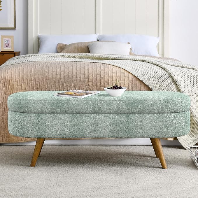 43.5" Ottoman with Storage, Storage Ottoman Bench with Safety Hinge, FoamEnd of Bed Bench, Upholstered Entryway Bench for Bedroom, Living Room & Window, Holds up to 330 lb, Cyan