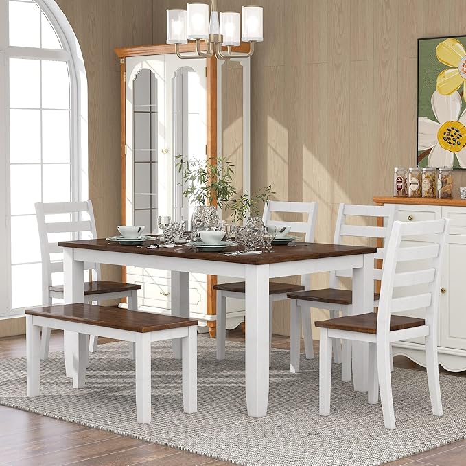 Harper & Bright Designs Rustic Style 6-Piece Dining Room Table Set with 4 Ergonomic Designed Chairs & a Bench (Walnut + Cottage White)