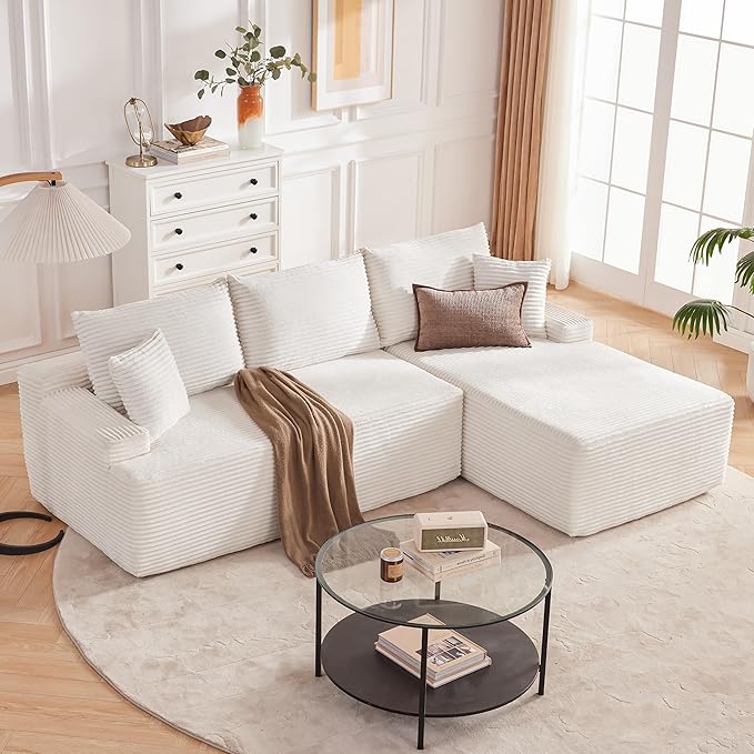 Mangodan Cloud Sectional Sofa, Boneless Couch for Living Room, Modular Sectional Sofa with Deep Seat, Fluffy L-Shaped Comfy Couch with Right-Facing Chaise, No Assembly Required, Beige