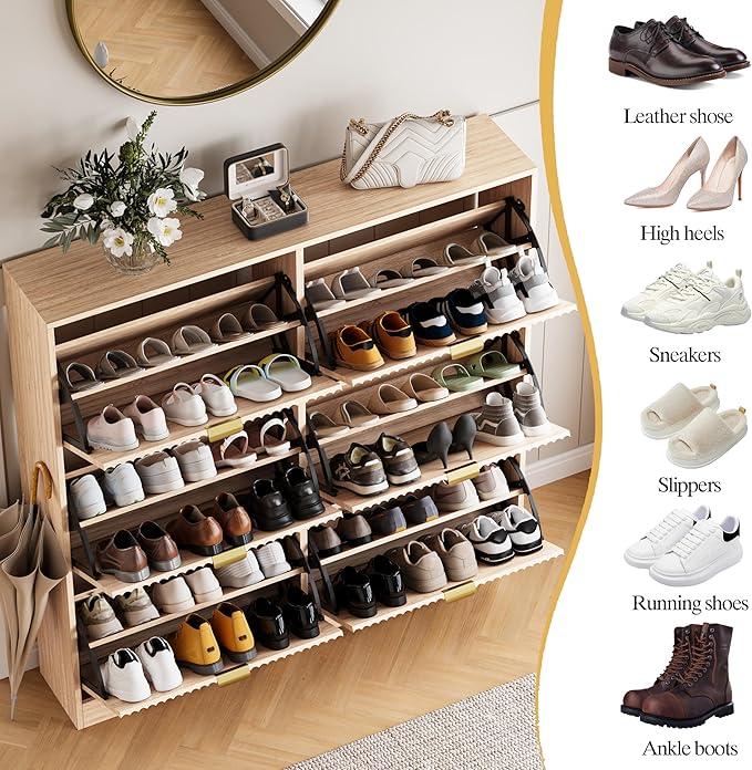 HUANLEGO Shoe Cabinet Storage for Entryway with 6 Flip Drawers, Oak Fluted Shoe Cabinet with Adjustable Shelves, Wooden Hidden Shoe Rack Freestanding Narrow Slim Shoes Storage for Hallway, Entrance