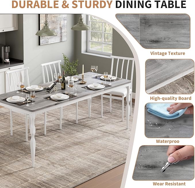 Rectangular Dining Table for 6, 71 in Rustic Farmhouse Kitchen Table with Large Tabletop, Long Wooden Dining Room Table with Heavy Duty Legs, Dinette and Dinner Desk for Party, Big Family, Grey