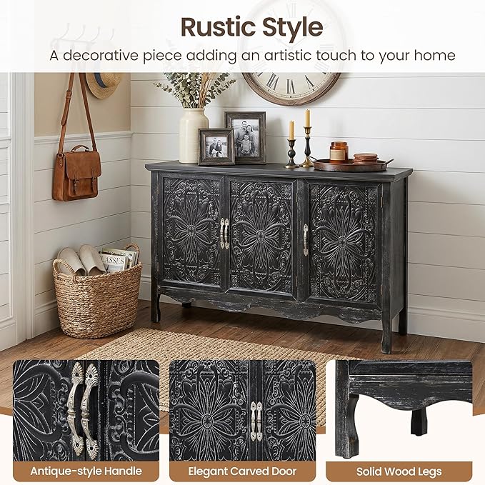 RoyalCraft Buffet Cabinet with Storage, Vintage Solid Wood Sideboard Table Coffee Bar Wine Bar Storage Cabinet with 3 Doors for Dining Room, Living Room, Hallway, Distressed Black