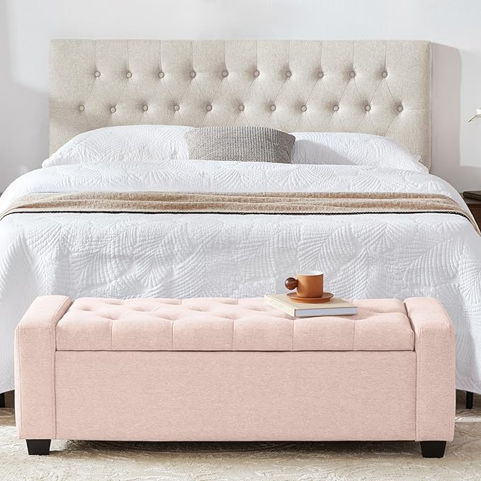 Huatean Home 48" Ottoman with Storage, Pink Storage Ottoman Bench with Safety Hinge, Upholstered Entryway Bench with Seating for Bedroom, Living Room, Holds up to 330 lb
