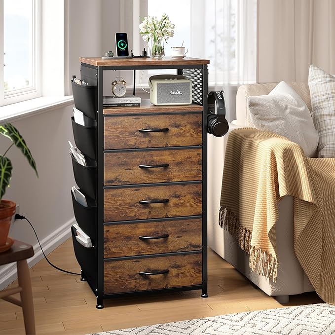 EnHomee Night Stand with 5 Drawers, Dresser with Charging Station and LED Light, Tall Nightstand with Extra Side Bag & Hooks, Bedroom, Closet, Hallway, Entryway, Rustic Brown